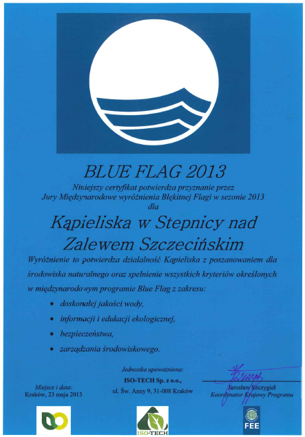 Dyplom - Błękitna Flaga 2013. Link otwiera powiększoną wersję zdjęcia.